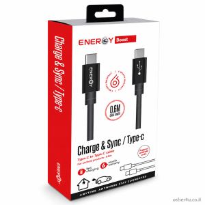 כבל 0.6 מ' שחור ENERGY Type-C to Type-C 60W