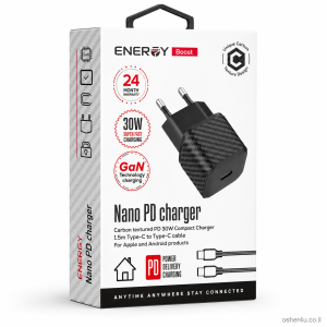 מטען בית ENERGY Carbon GaN Nano PD30W+C to C 1.5M שחור