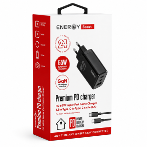 מטען בית ENERGY GaN 2C+1QC PD65W +C to C 1.5M cable שחור